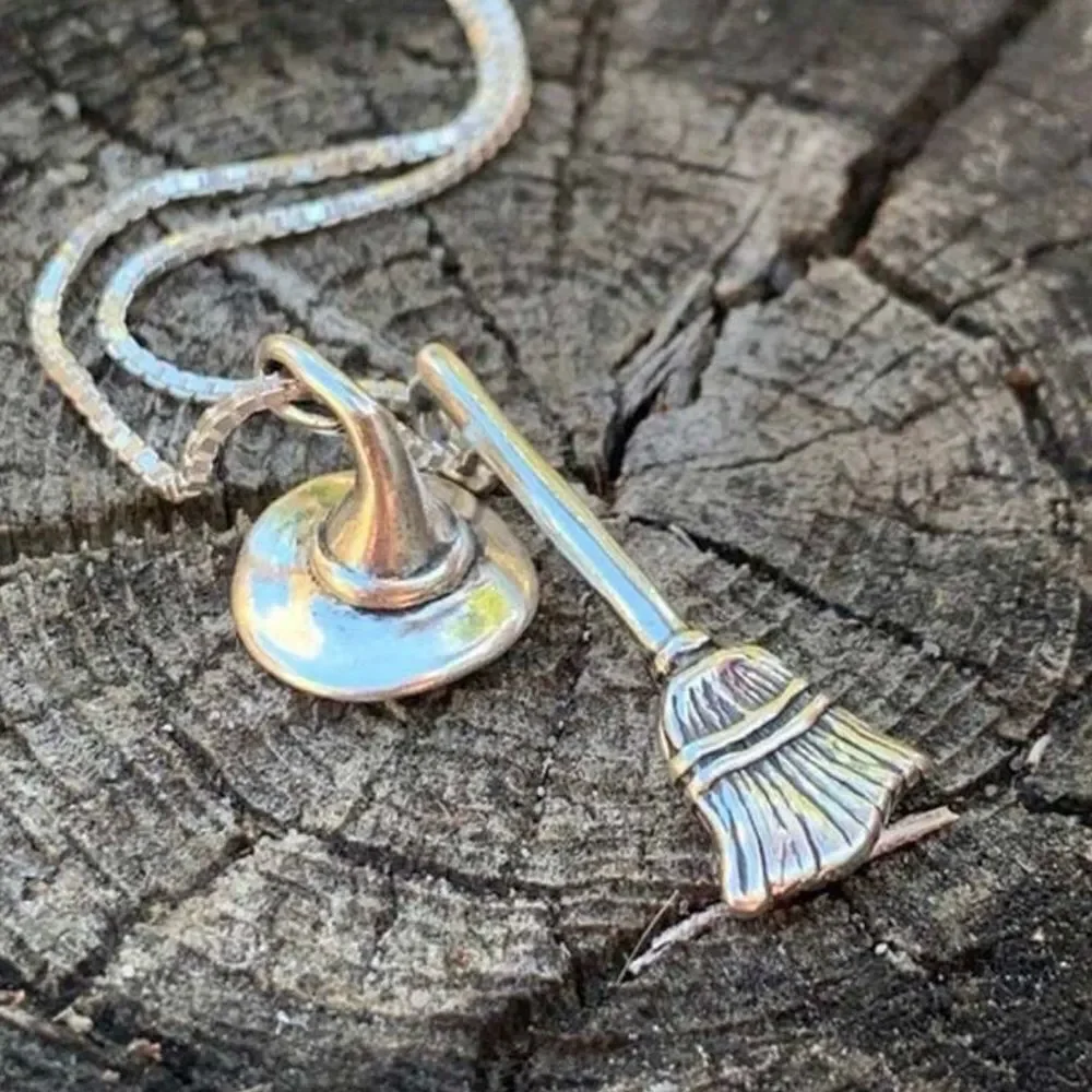 Goth Necklace Witch’s Broom & Hat, Silver Color, Engraved Design Layering Piece